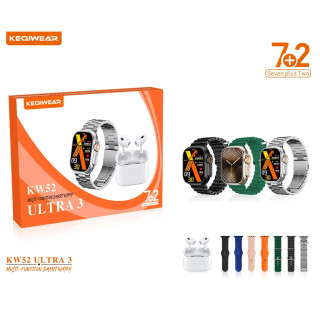 ساعت هوشمند KEQIWEAR مدل KW52 Ultra3 با بند استیل و سیلیکونی به همراه ایرپاد